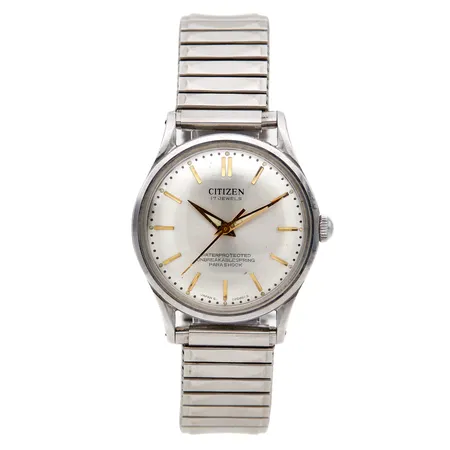 Teräsrannekello, Citizen, Unbreakable Spring, manuaalinen, rungon Ø35mm, pleksilasissa normaalia iänmukaista kulumaa, metalliranneke ei alkuperäinen, 