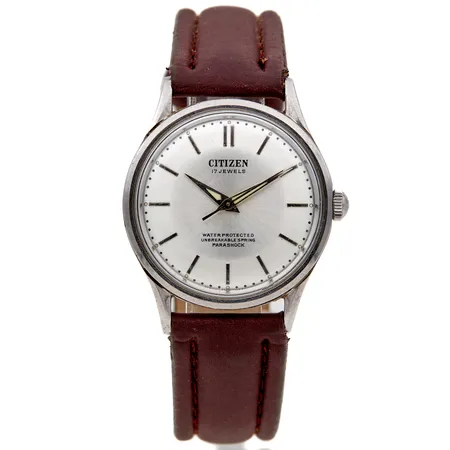 Teräsrannekello, Citizen, Unbreakable Spring, manuaalinen, rungon Ø35mm, pleksilasissa normaalia iänmukaista kulumaa, kaiverrus takana, nahkaranneke ei alkuperäinen