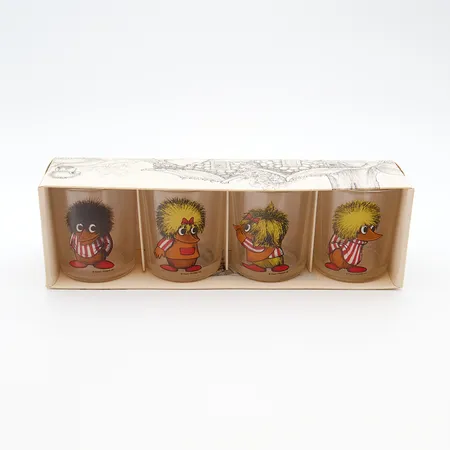 Neljä Fauni-mehulasia, korkeus 7cm, Ø 5,5cm, alkuperäispakkauksessa Nuutajärvi / Wärtsilä.