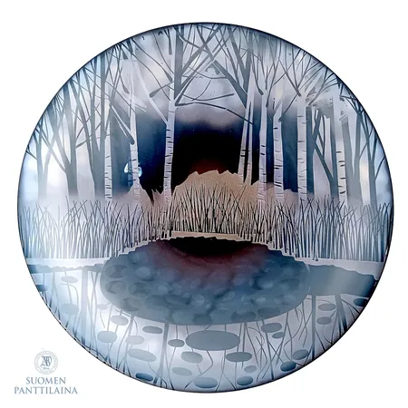 Taidelasivati, Sininen kuu, signeeraus Kerttu Nurminen Nuutajärvi, Ø 45cm.