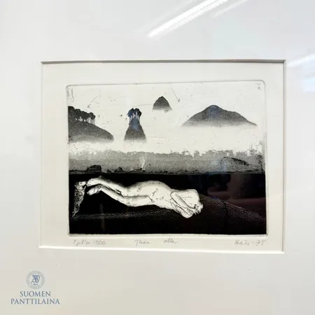 Etsaus Outi Heiskanen, "Jään alla", 125x160mm, signeeraus Tplá 13/30 Heis -75, metallikehys.