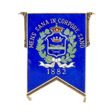 Emaloitu koristelaatta, käytön jälkiä, korkeus 35mm, leveys 30mm, tekijänleima Uusi Kultaseppä Oy, vuodelta 1935, 813br, Paino: 11,9 g