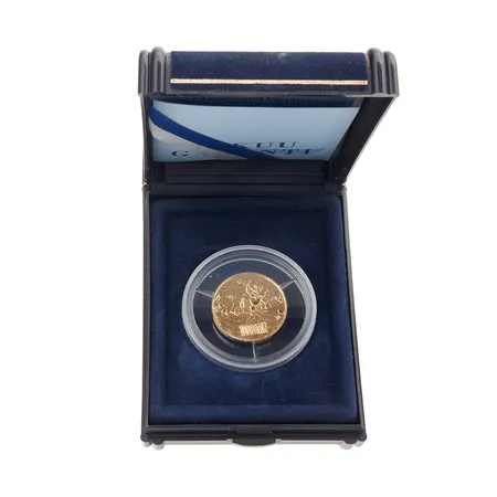 Kultaraha, Itsenäisyyden 75-vuotisjuhlaraha 1997, nimellisarvo 1000mk, rasia ja aitoustodistus, 900, Paino: 9 g