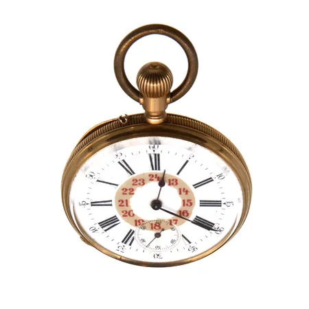 Viallinen kultainen taskukello, Ø45mm, kaiverrettu, välikuori kultaa, 750br,  Paino: 76,9 g