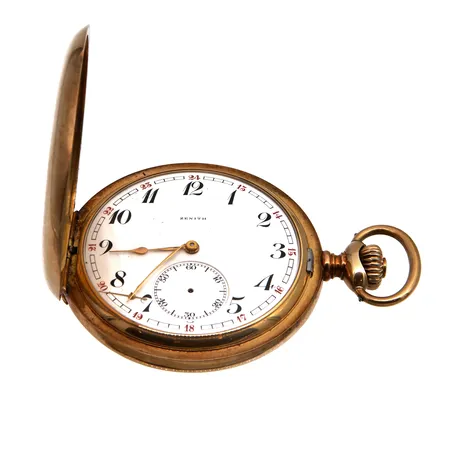 Viallinen kultataskukello Zenith, viisari irti, viisari vääntynyt, 17 jewels, välikuori kultaa, Ø55mm, 585br, Paino: 128,1 g
