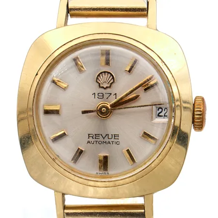 Kultarannekello Revue, Ø 21mm, automaatti, rannekkeen pituus 175mm, ranneke metallia, käytön jälkiä, 750br, Paino: 21,8 g