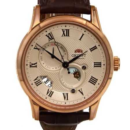 Teräsrannekello, Orient, Classic Sun & Moon, automaatti, japan movement, ref AK00-D0-A B910147, rungon Ø42.5mm, nahkarannekkeen pituus 170-220mm,
