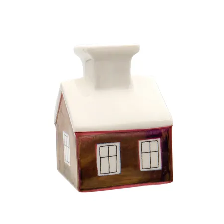 Kynttilänjalka, Arabia, Punainen talo, design Heljä Liukko-Sundström, lasitteessa kulumaa, korkeus 100mm.