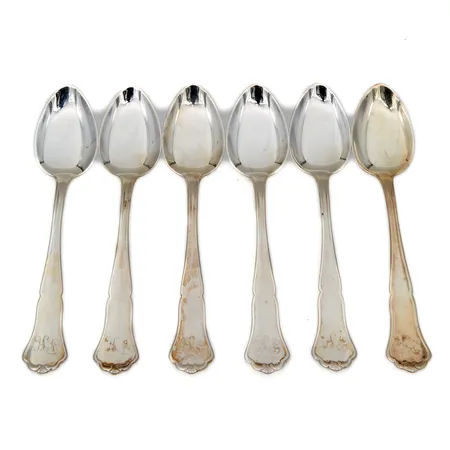 Kuusi kahvilusikkaa, kaiverrettu, Chippendale, pituus 117mm, 830, Paino: 78,2 g