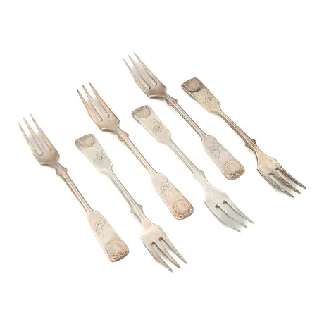 Kuusi jälkiruokahaarukkaa, Musla, kaiverrettu, pituus 11,5cm, 813, Paino: 65,9 g