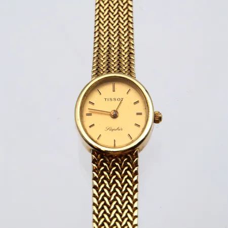 Kultarannekello Tissot Saphir kultarannekkeella, quartz, ei patteria, käytöstä aiheutunutta kulumaa, pituus 160-170mm, Ø 16mm, 585br, Paino: 25,5 g