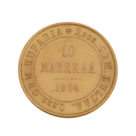 Kultaraha Suomi, nimellisarvo 10 markkaa, 1904, lyöntimäärä: 102 303kpl, 900, Paino: 3,2 g