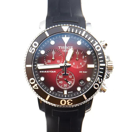 Teräsrannekello Tissot Seastar kumirannekkeella, quartz, chronograph, Ø 45mm, pituus 160-210mm, takuukortti; ostettu 6.5.2022,  ja säilytyskotelo.
