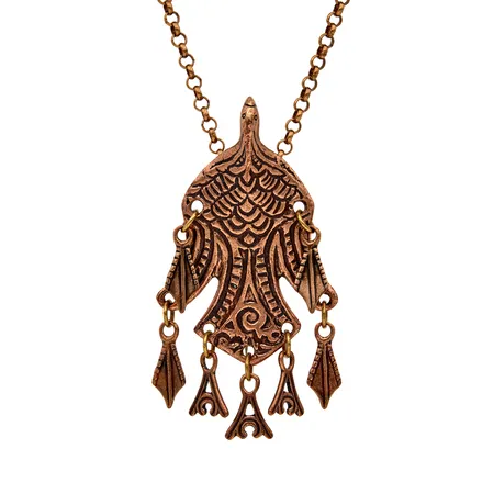 Kaulakoru solkiriipuksella Kalevala, Uhtuan Sotka, ketjun pituus 85cm, riipuksen korkeus 95mm, pronssia, rasia