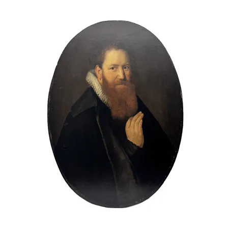 Öljyvärityö, muotokuva parrakas mies, öljyvärityö puulle, koko 75x58cm, arviolta Hollanti 1600-luvun alku, iän mukaista kulumaa.