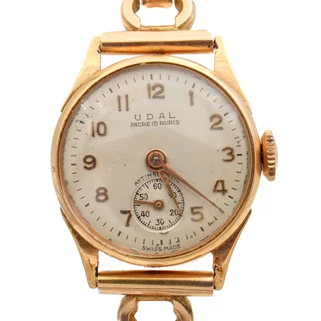 Kultarannekello Udal, rungon Ø 21,5mm, rannekkeen pituus 190mm, manuaalivetoinen, 15-kivinen, runko 750br ja ranneke 585,  Paino: 23,7 g