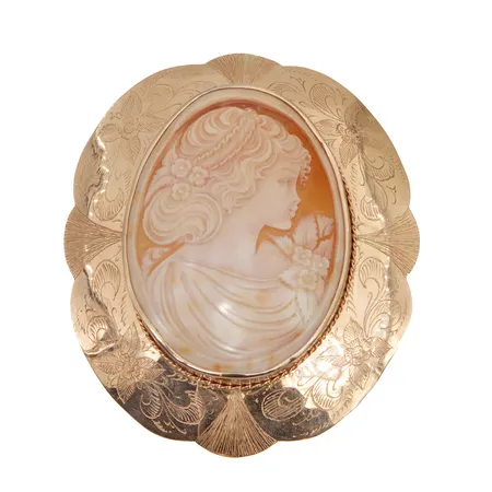 Camee-rintaneula riipuslenkillä, korkeus 110mm, neula viallinen, 585br,  Paino: 69,5 g