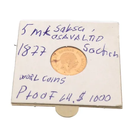 Kultaraha, nimellisarvo 5 markkaa, vuodelta 1877, Saksa, 900, Paino: 1,9 g