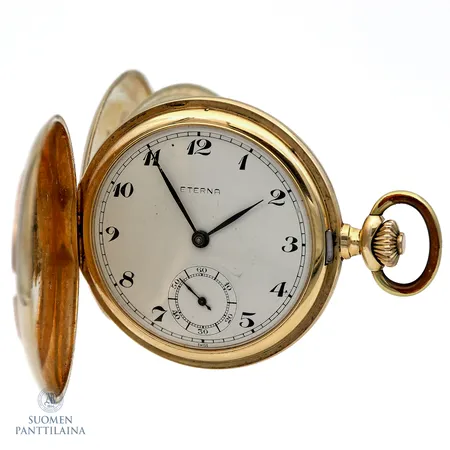 Kultataskukello Eterna, kaiverrettu, Ø 50mm, manuaalivetoinen, välikuori kultaa, koneiston numero 1871 151, käytön jälkiä, 585br,  Paino: 90 g