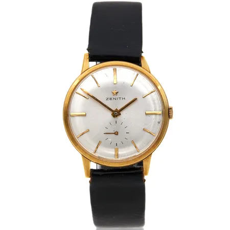 Kultanrannekello, Zenith, manuaalinen, rungon Ø 34mm, takakannessa kaiverrus, alkuperäinen nahkaranneke viallinen, metalli vaihtoranneke, laatikko 