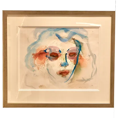 Vesivärityö Outi Heiskanen, oma muotokuva, signeerattu Heis -02, teoksen mitat 37x29cm, koko mitat 52,5x45,5cm