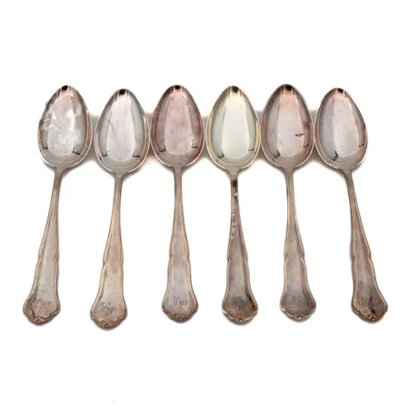 Kuusi ruokalusikkaa, kaiverrettu, Chippendale, pituus 185mm, 830, Paino: 318,1 g