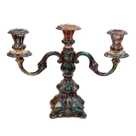 Kolmihaarainen kynttelikkö, korkeus 24,5cm, vuodelta 1965, Kultakeskus Oy, 830br, paino  Paino: 888 g