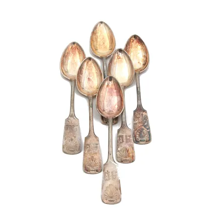 Kuusi kahvilusikkaa, Musla, kaiverrettu, pituus 126mm, 813h,  Paino: 80,4 g