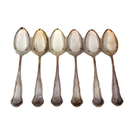 Kuusi jälkiruokalusikkaa, kaiverrettu, Chippendale, pituus 167mm, 830, Paino: 207,5 g