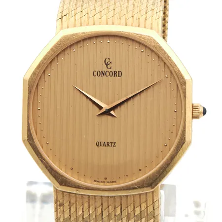 Kultarannekello Concord Quartz, Swiss Made, ref 5081113, rungon Ø33.5mm, kultarannekkeen pituus 190mm, ei käy, patteri loppunut, 750br Paino: 75,9 g