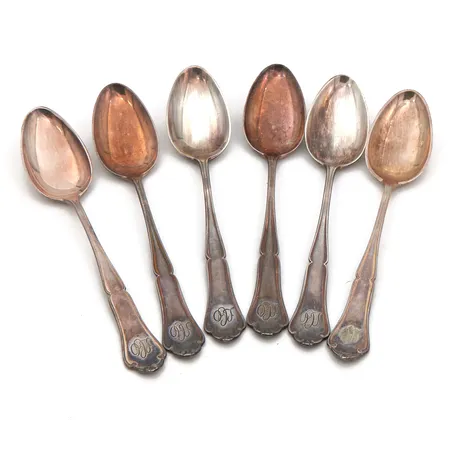 Kuusi kahvilusikkaa, Chippendale, kaiverrettu, pituus 101mm, 813-830,  Paino: 44,7 g