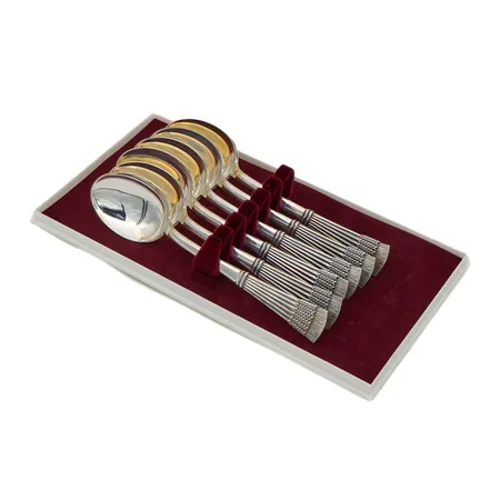 Kuusi jälkiruokalusikkaa Tähkä, pituus 140mm, tekijänleima AT, laatikko, 830, Paino: 169 g