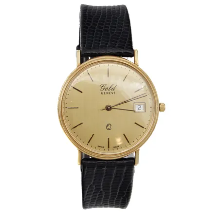 Kultarannekello, Gold Geneve, kaiverrettu, quartz:paristo loppunut, rungon Ø 34mm, nahkaranneke, 585br, Paino: 25,8 g