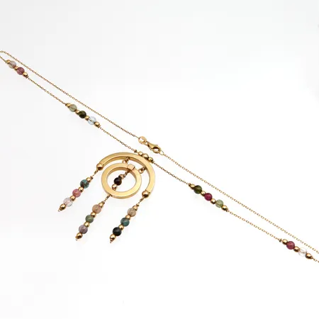 Kaulakoru kivillä, pituus 44cm, keskikoristeen korkeus 60mm, 585br, Paino: 11,2 g