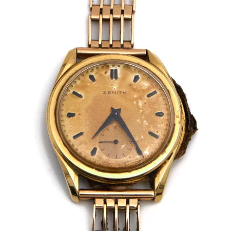 Viallinen kultarannekello Zenith, mekaaninen, taulun Ø 34,5mm,  rannekkeen pituus 185mm, runko 750br, ranneke 585, 