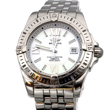 Teräsrannekello Breitling Cockpit Lady, A71356, sarjanumero 1109864, rungon Ø 32mm, rannekkeen pituus 170mm, quartz, ostettu Lindroosilta 2008, laatikko.