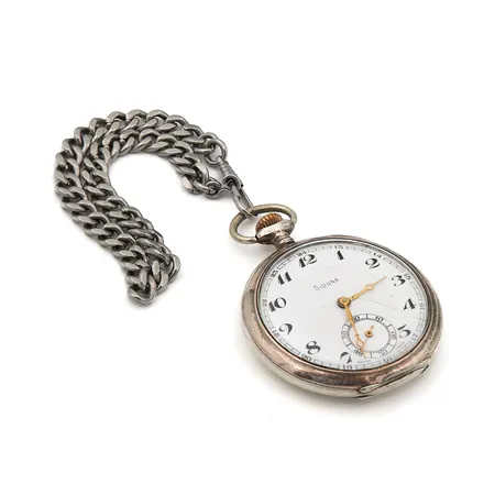 Hopeataskukello Siduna , kolhuilla ja taulussa hiushalkeamia, Ø 50mm, välikuori metallia, kellon perät metallia, 800br Paino: 0 g