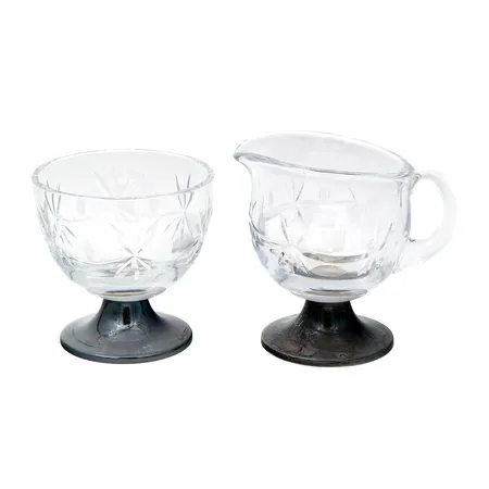 Kristalli sokerikko ja kermakko hopea jalalla, korkeus 83mm ja 70mm, 813br, Paino: 372,9 g