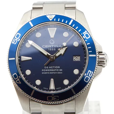 Teräsranekkello Certina 1888 DS Action Powermatic 80 divers watch 300m, automaatti, Swiss Made, ref: C032.807.11.041.00 , S:N WV6PKM9NX, rungon Ø38.5mm, teräsrannekkeen pituus 200mm, rannekkeen jatkopalat, laatikko ja paperit, paperit päivätty 3.11.2021 