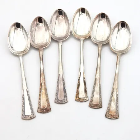 Kuusi kahvilusikkaa, AT, kaiverrettu, pituus 113mm, 830,  Paino: 91,8 g