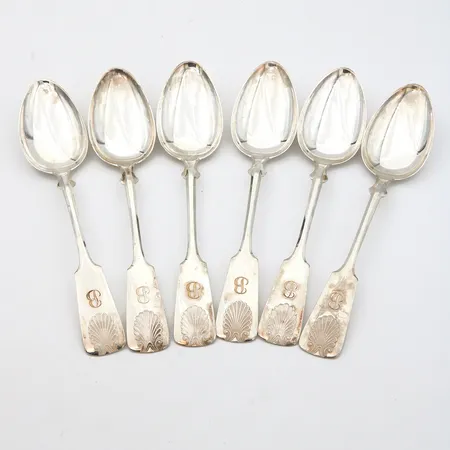 Kuusi ruokalusikkaa, Musla, kaiverrettu, pituus 163mm, 830, Paino: 150,6 g