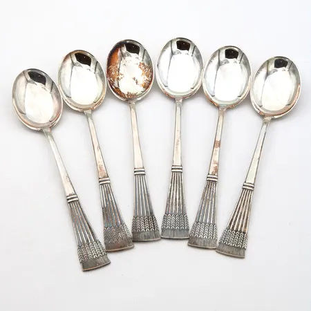 Kuusi kahvilusikkaa, Tähkä, AT, kaiverrettu, pituus 113mm, 830,  Paino: 73,1 g