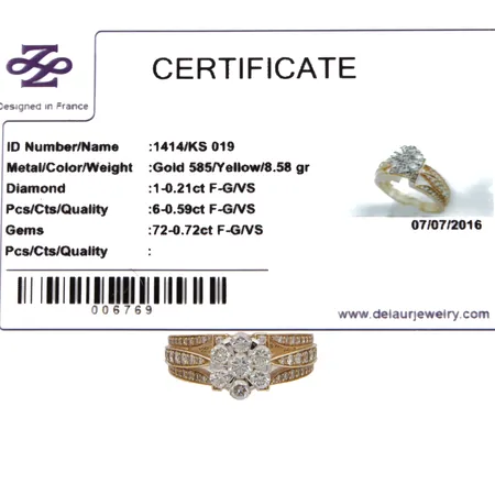 Timanttisormus 1xn.0.21ct 6xn.0.10ct 72xn.0.005-0.03ct, koko 18¼, De Laur, 585,  Paino: 8,6 g