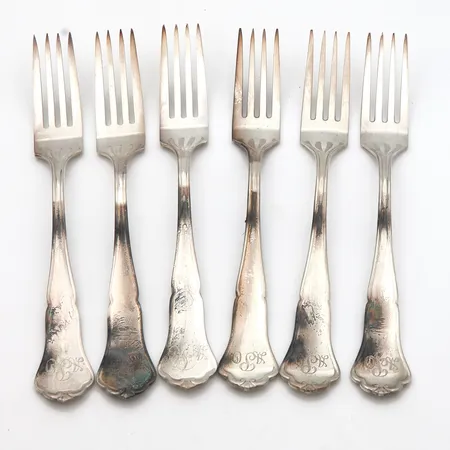 Kuusi ruokahaarukkaa, Chippendale, kaiverrettu, pituus 178mm, 830,  Paino: 248,4 g