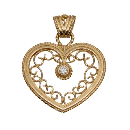 Timanttiriipus, Kalevala, Filigraanisydän, 1xn.0.10ct, korkeus 28mm, 750,  Paino: 3,7 g