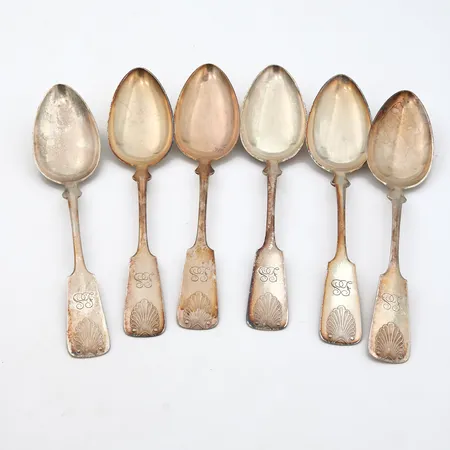 Kuusi ruokalusikkaa, Musla, kaiverrettu, pituus 170mm, 813h,  Paino: 177,5 g