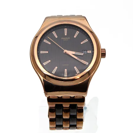 Teräsrannekello, Swatch, automaatti, rungon Ø 42mm, lasissa naarmuja, rungossa käytön jälkiä, jatkopalat, rannekeen pituus 180mm