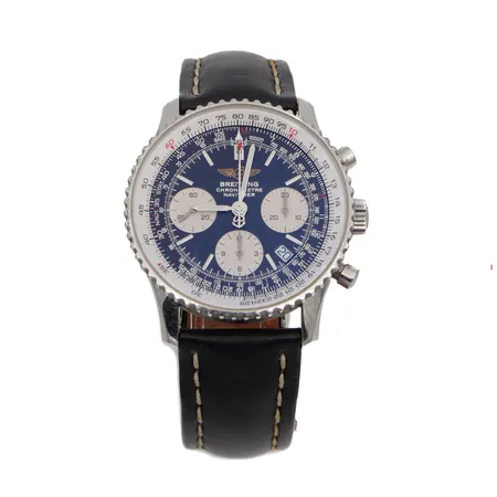 Teräsrannekello Breitling Navitimer, automaatti, A23322, sn 2335476, rungon Ø 42mm, nahkarannekkeen pituus 170-210mm, pientä käytön jälkeä, kaksi vaihtoranneketta, viallinen laatikko, aitoustodistuksen kopio ja huoltopaperit