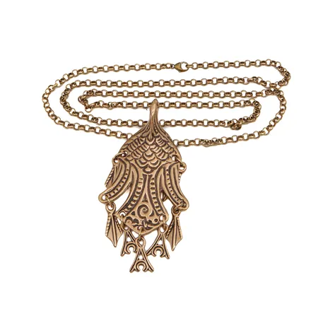 Kaulakoru solkiriipuksella Kalevala, Uhtuan Sotka, ketjun pituus 86cm, riipuksen korkeus 95mm, pronssia