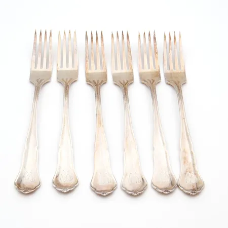 Kuusi ruokahaarukkaa, Chippendale, pituus 180mm, kaiverrettuja, 830, Paino: 250,5 g